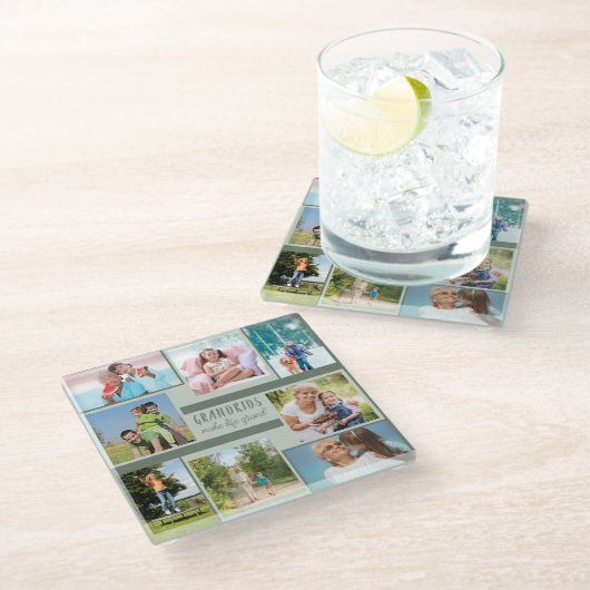 8枚の写スタイリッシュ真コラージュの祖父母緑 ガラスコースター (アングル)