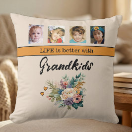 8枚の写真が飾れるお孫さんのいる幸せを感じるオレンジ色の花柄デザイン クッション