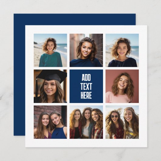 8枚の写真コラージュ ネイビー モノグラム - ありがとうカード (正面/裏面)