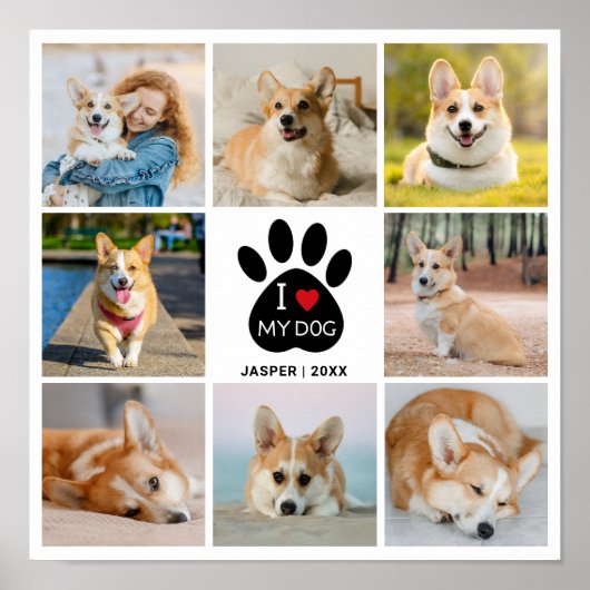 8枚の写真コラージュ ハート 私は私の犬を愛しています ポスター (正面)