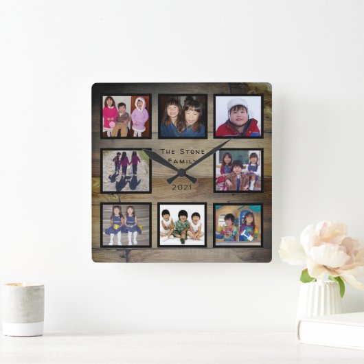 8枚の写真家の木材コラ素朴ージュ スクエア壁時計 (ホーム)