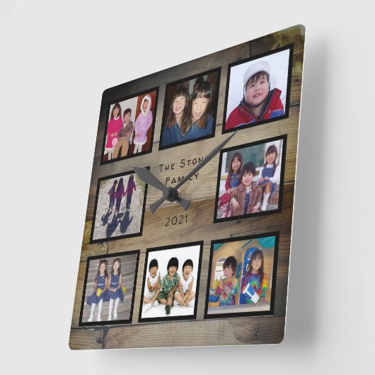 8枚の写真家の木材コラ素朴ージュ スクエア壁時計 (傾斜)