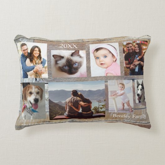 8枚の家族の写真、木目調、DIYで名前と年を入力 アクセントクッション (正面)