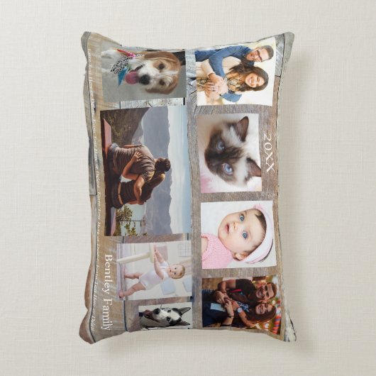 8枚の家族の写真、木目調、DIYで名前と年を入力 アクセントクッション (正面(垂直))