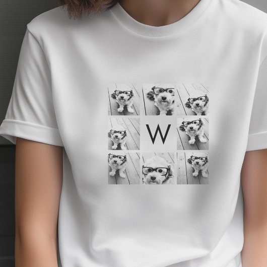 8枚フォトコラージュ カスタムモノグラム モノクロ Tシャツ