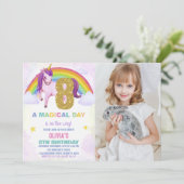8歳の虹色ユニコーンの誕生日招待状(写真付き) 招待状 (スタンド正面)