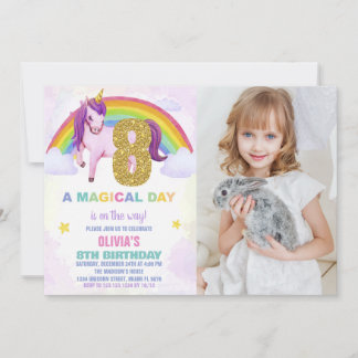 8歳の虹色ユニコーンの誕生日招待状(写真付き) 招待状