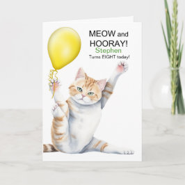 8歳の誕生日おめでとう カートゥーンの可愛い猫と名前入り カード