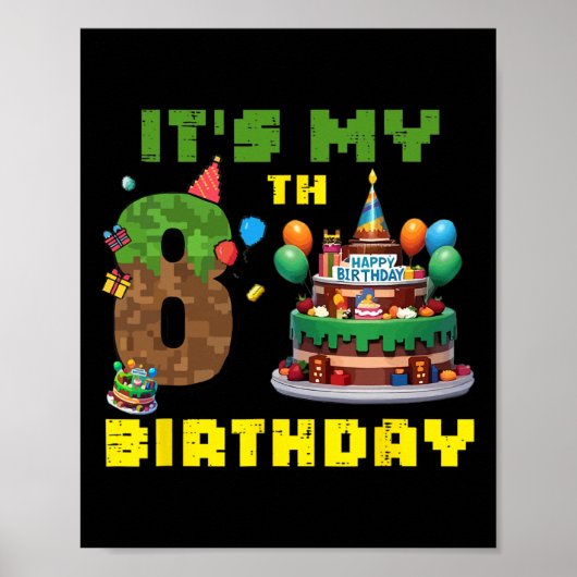 8歳の誕生日おめでとう!男の子の誕生日パーティー ゲーム好き ピーアイ ポスター (正面)