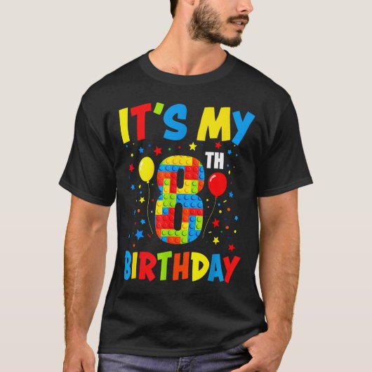 8歳の誕生日おめでとう 8歳 子供 建設ブロック キッズ Tシャツ (正面)