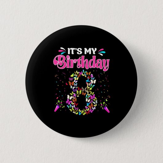 8歳の誕生日おめでとうTシャツ 女の子 蝶 缶バッジ (正面)