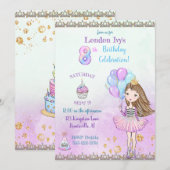 8歳の誕生日の女の子のプリンセスカップケーキ風船 招待状 (正面/裏面)