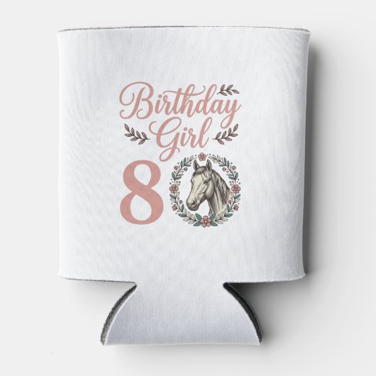 8歳の誕生日の女の子 馬 花 ヴィンテージTシャツ デザイン 缶クーラー (正面)