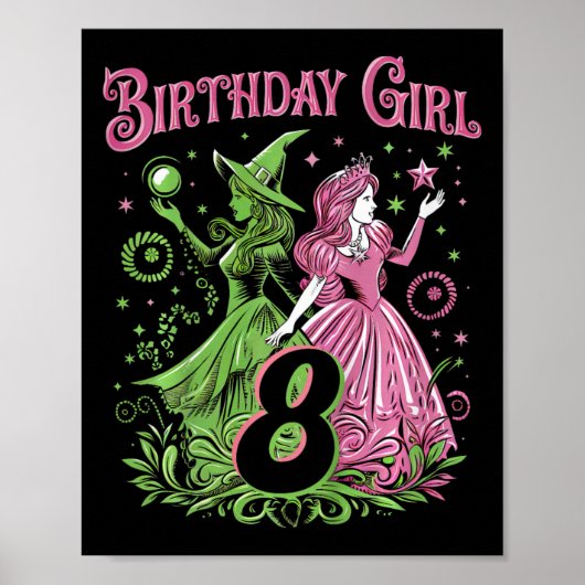 8歳の誕生日を迎える女の子の為の魔法使いグッズ ピンクとグリーン ポスター (正面)