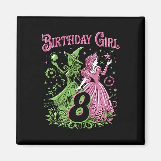 8歳の誕生日を迎える女の子の魔法使い ピンクとグリーン マグネット (正面)