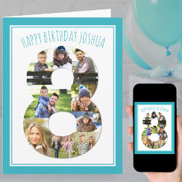 8歳の誕生日カード 青い写真コラージュ ナンバー8 カード