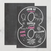 8歳の誕生日ガール チョークボード ナンバー ピンク 招待状 (正面/裏面)