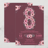 8歳の誕生日ガール ピンクの花 緑の葉 招待状 (正面/裏面)