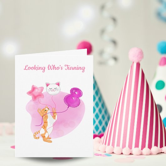 8歳の誕生日バルーンと可愛い猫 カード