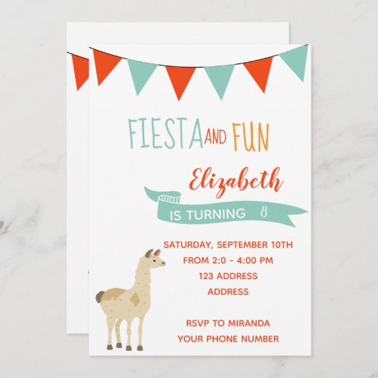8歳の誕生日パーティー招待フィエスタとラマ 招待状 (正面/裏面)