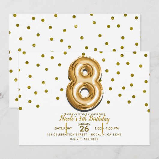 8歳の誕生日パーティー用のゴールドバルーンと8個の紙吹雪 招待状 (正面/裏面)