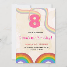 8歳の誕生日パーティー 虹のピンクの女の子の招待状