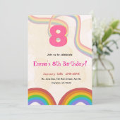 8歳の誕生日パーティー 虹のピンクの女の子の招待状 招待状 (スタンド正面)