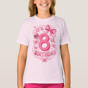 8歳の誕生日プリンセス ピンク リボン ガールズ パーティー Tシャツ