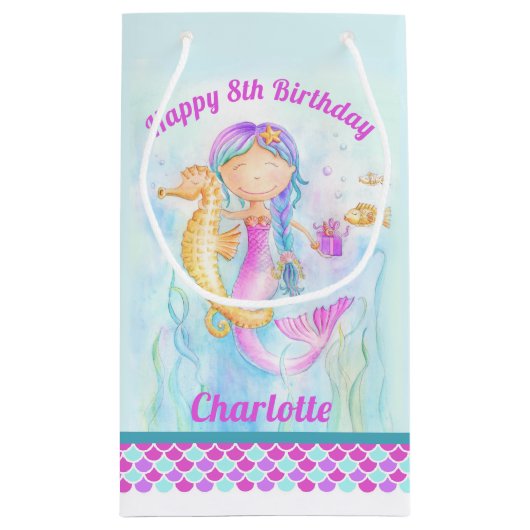 8歳の誕生日マーメイドとシーホースのアートカスタム スモールペーパーバッグ (裏面)