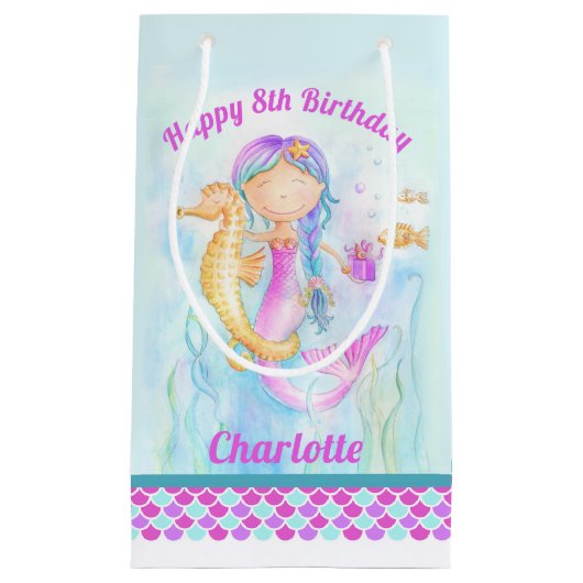 8歳の誕生日マーメイドとシーホースのアートカスタム スモールペーパーバッグ (正面)