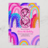 8歳の誕生日レインボー ピンクパーティー 招待状 (正面/裏面)