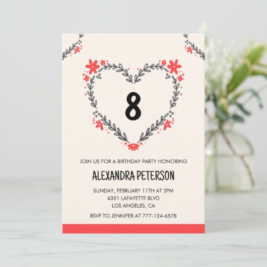 8歳の誕生日招待状のフローラハート 招待状 (スタンド正面)