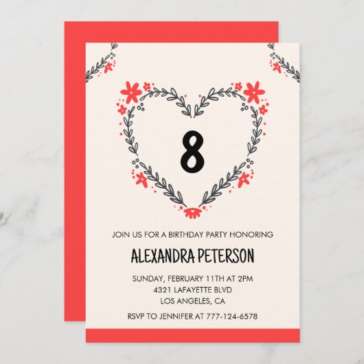 8歳の誕生日招待状のフローラハート 招待状 (正面/裏面)