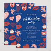 8歳の誕生日招待状ブルーかわいいハート 招待状 (正面/裏面)