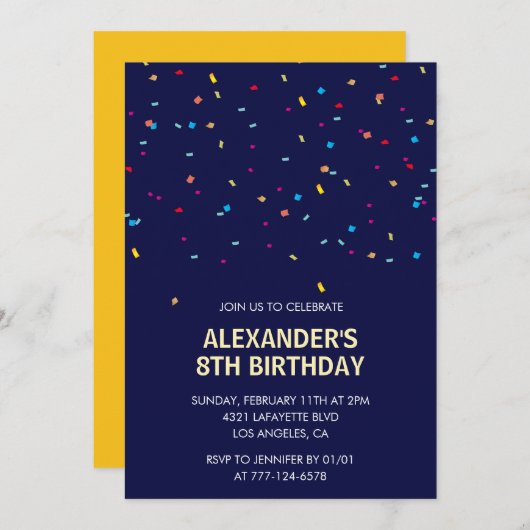 8歳の誕生日招待状 男の子 コンフェッティ モダン 招待状 (正面/裏面)