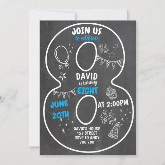 8歳の誕生日男子 黒板風数字 青 招待状 (正面)
