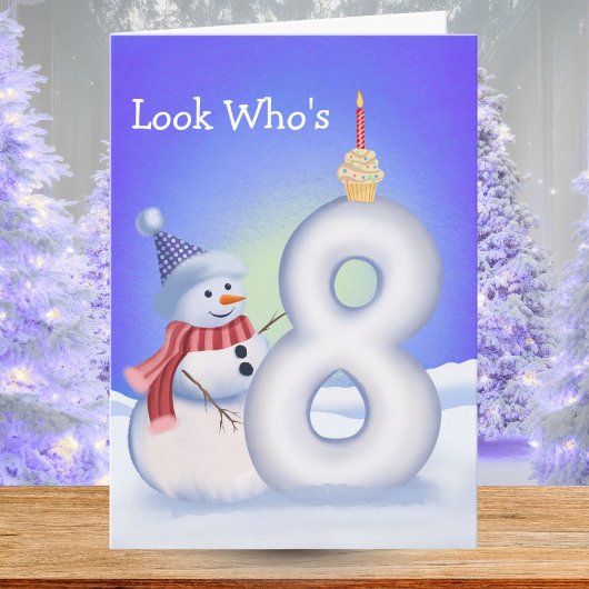 8歳の誕生日 スノーマンと雪の8 カード
