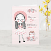 8歳の誕生日 ピンクと白の女の子と猫 カード (黄色い花)