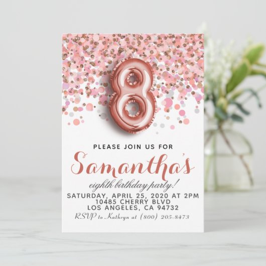 8歳の誕生日 ローズゴールドの誕生日パーティー招待状 招待状