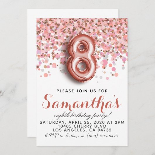 8歳の誕生日 ローズゴールドの誕生日パーティー招待状 招待状 (正面/裏面)