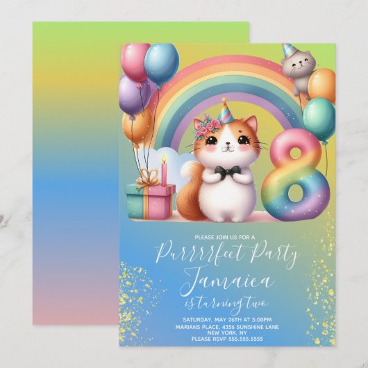 8歳の誕生日 子猫 レインボーパーティー 招待状 (正面/裏面)