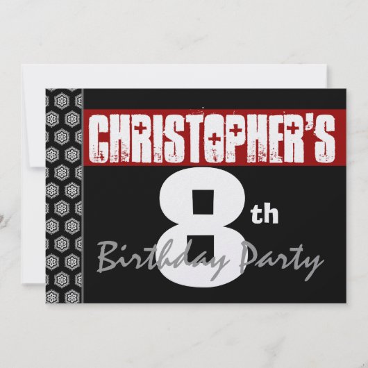 8歳の誕生日 現代的 彼のための 赤 白 黒 W1931 招待状 (正面)