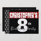 8歳の誕生日 現代的 彼のための 赤 白 黒 W1931 招待状 (正面/裏面)