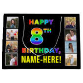 8歳の誕生日:虹のテキスト、カスタム写真&名前 ラージペーパーバッグ (正面)