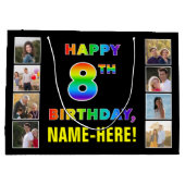 8歳の誕生日:虹のテキスト、カスタム写真&名前 ラージペーパーバッグ (裏面)
