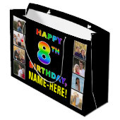 8歳の誕生日:虹のテキスト、カスタム写真&名前 ラージペーパーバッグ (裏面アングル)