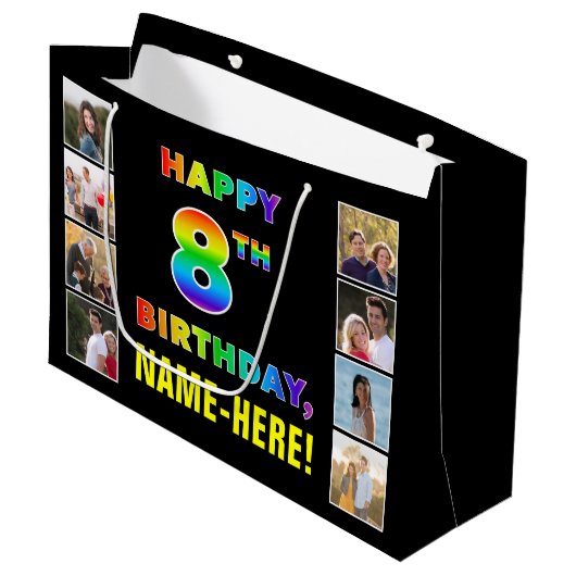8歳の誕生日:虹のテキスト、カスタム写真&名前 ラージペーパーバッグ (正面アングル)