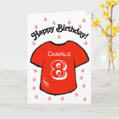 8歳の誕生日＋赤いサッカーシャツの少年 カード (黄色い花)
