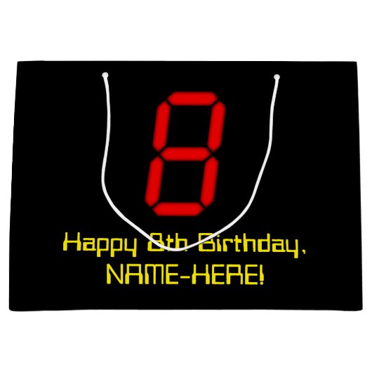 8歳の誕生日:赤いデジタル時計スタイルの"8" + 名前 ラージペーパーバッグ (正面)
