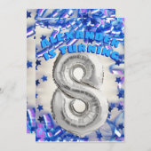8歳の誕生日 銀と青のお祝い 男の子のパーティー 招待状 (正面/裏面)